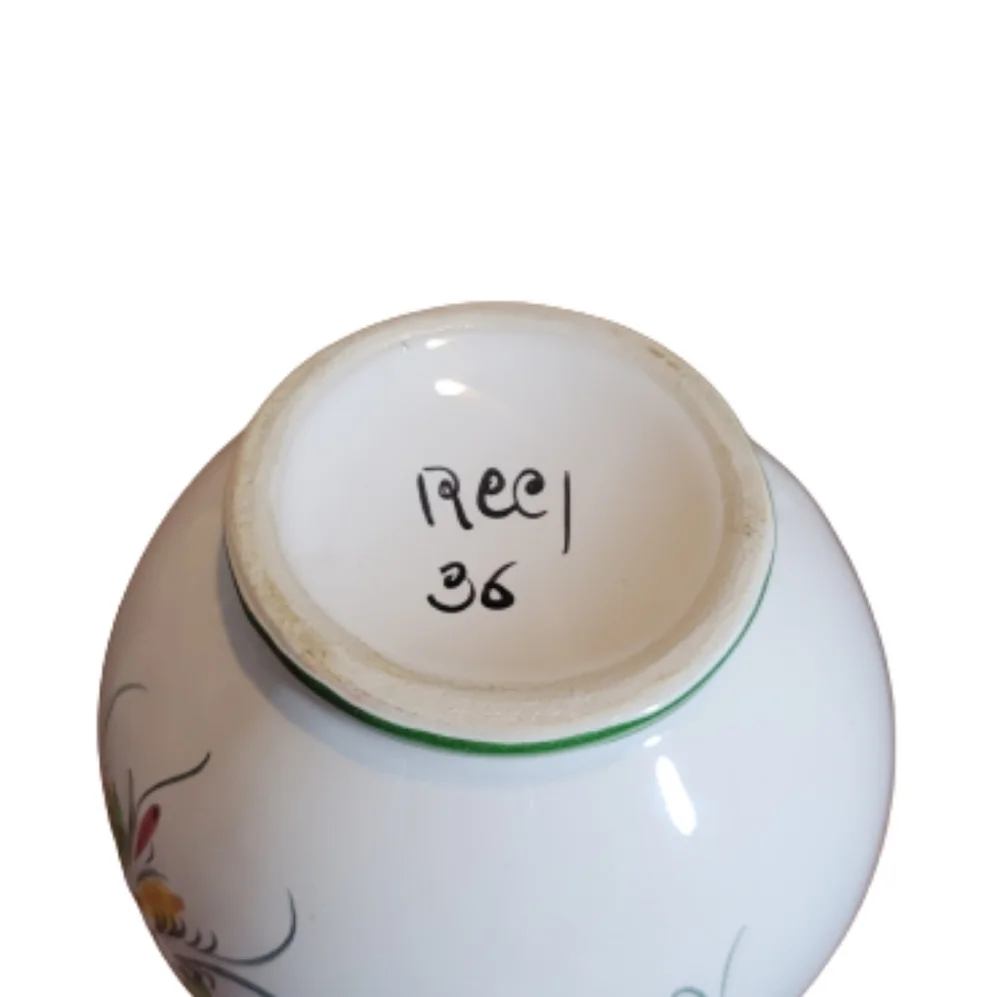 Portuguese Hand Painted Decorative Floral Vase green trim multicolor flowers